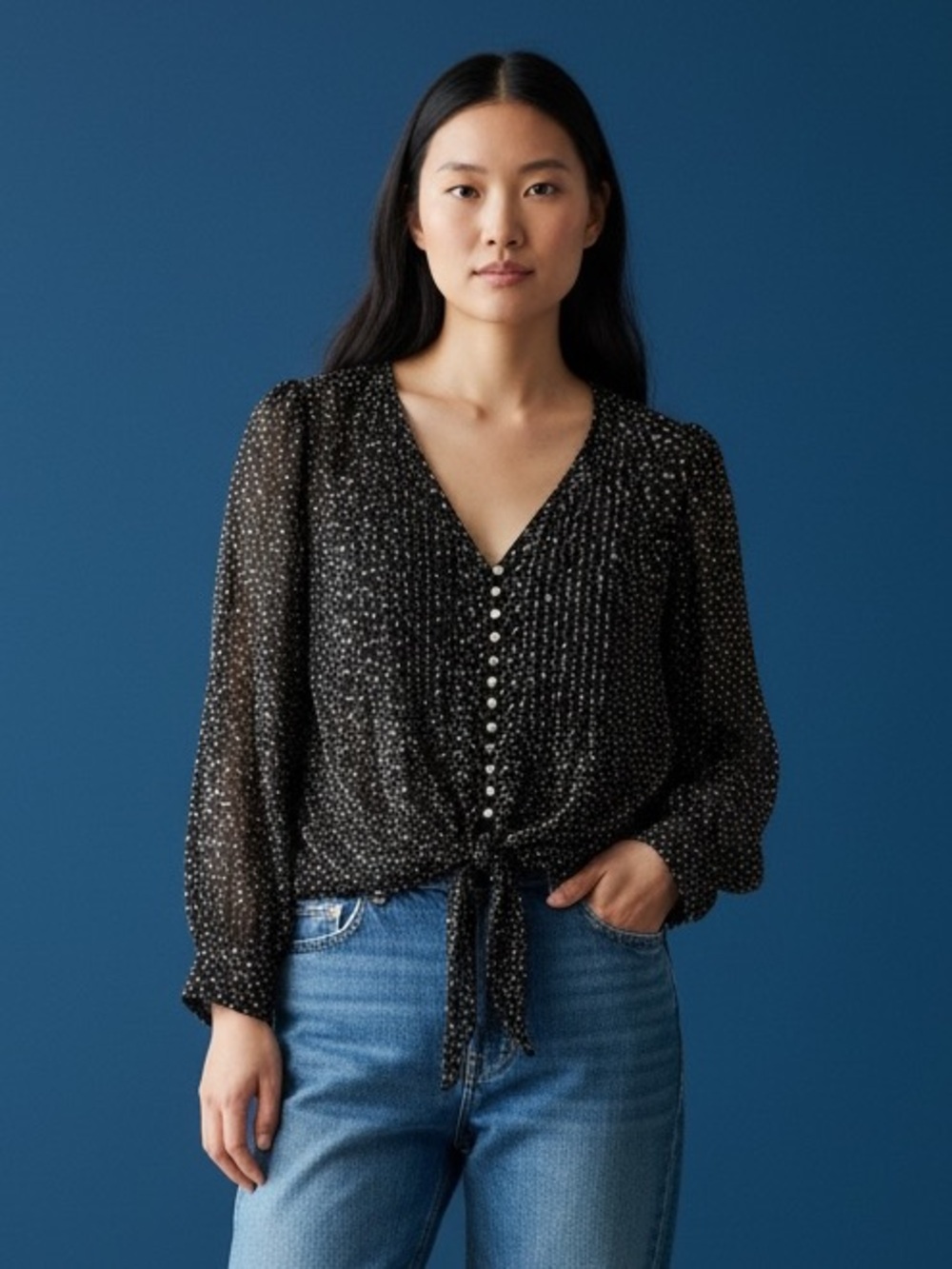 Bobeau Navy Speckled Tie-Front Button V-Neck Blouse